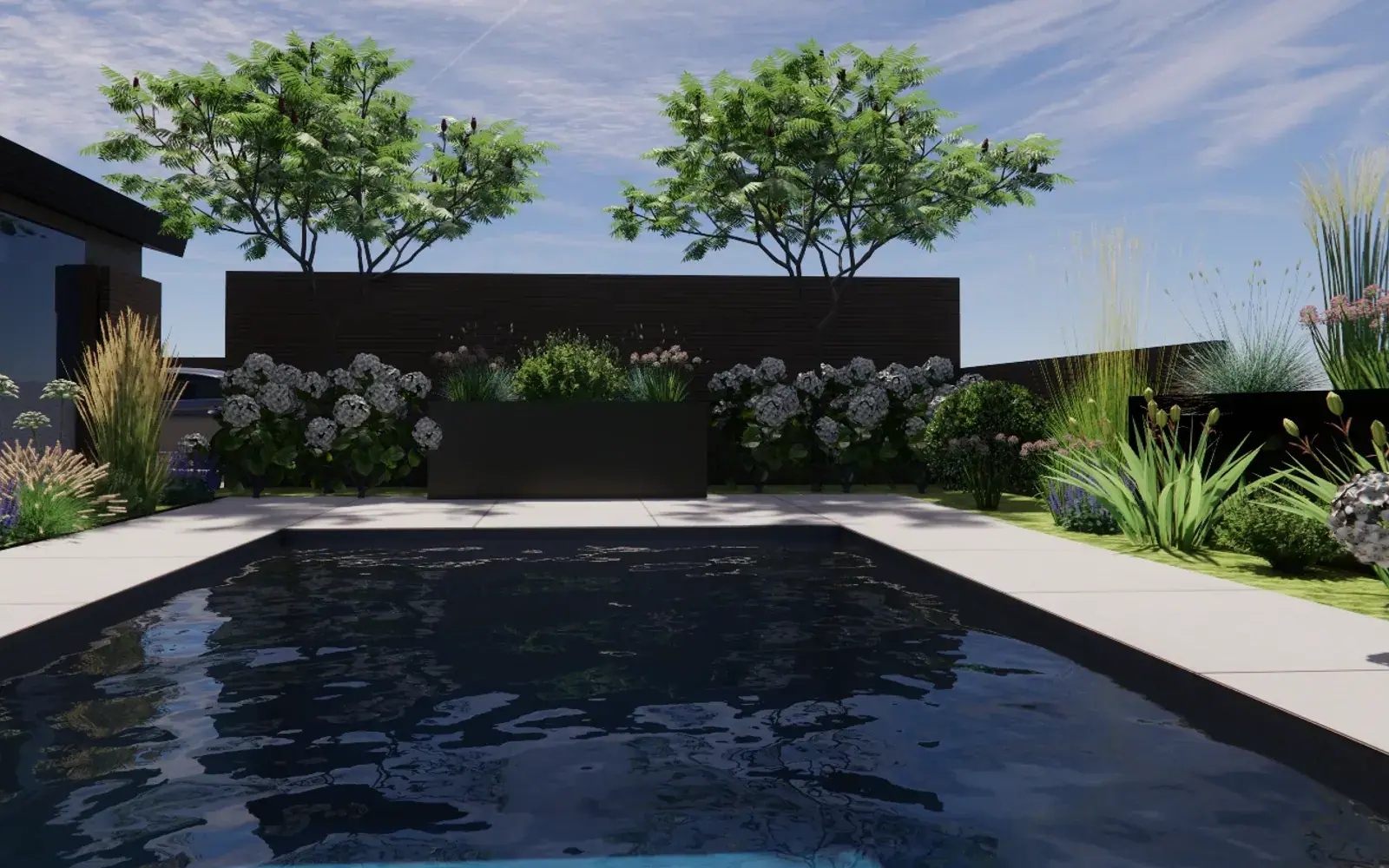 3D-Visualisierung eines geplanten Gartens: Pool zwischen Staudenbeeten mit Hortensien und Ziergräsern, dahinter eine Holzwand mit Hochbeet und zwei Bäumen