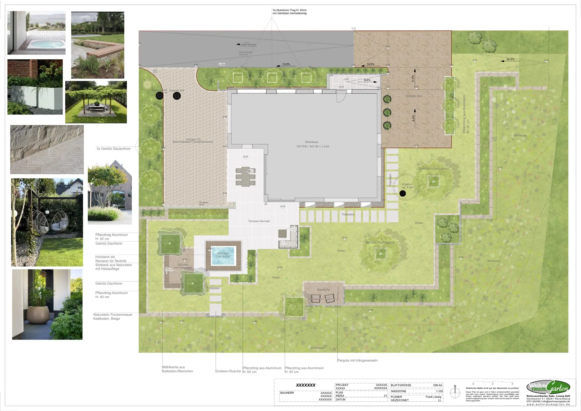 Maßstäblicher 2D-Gartenplan mit Terrasse, Whirlpool, Pflanzflächen und Materialcollage