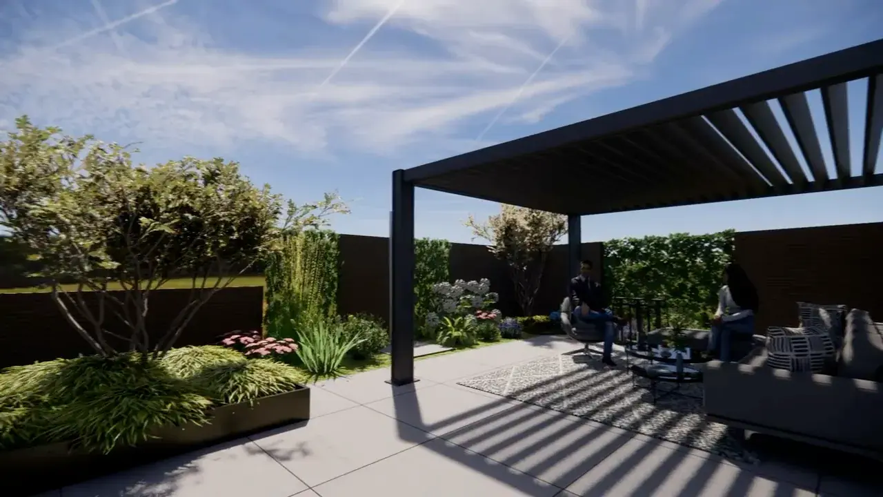 3D-Rundgang durch einen geplanten Garten: Pergola mit Sitzgruppe, Pool und Staudenbeete unter blauem Himmel