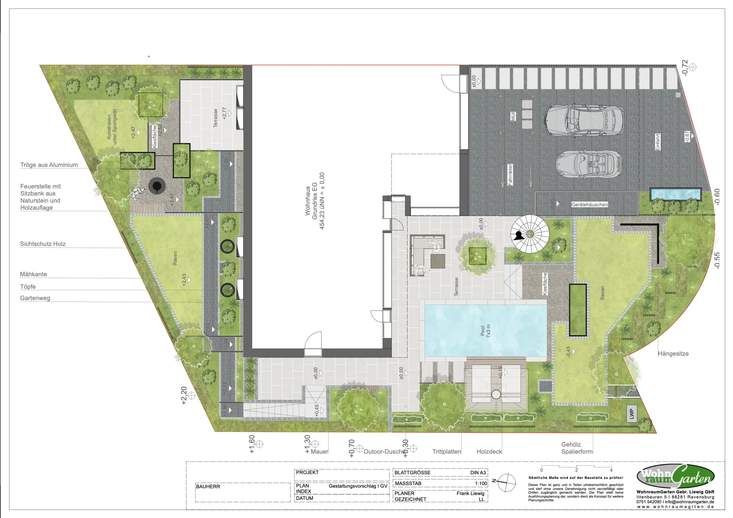 Maßstäblicher 2D-Gestaltungsentwurf eines Gartens in der Draufsicht mit Wohnhaus, Terrasse, Pool, Rasenflächen, Feuerstelle, Einfahrt und Bepflanzung