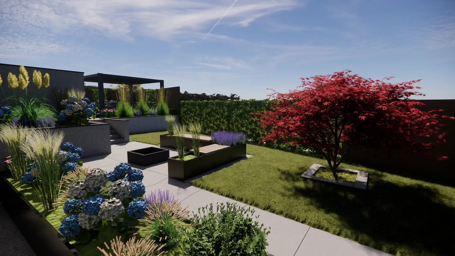3D-Visualisierung einer Gartenplanung mit Terrasse, Rasenfläche, Fächerahorn und bepflanzten Hochbeeten