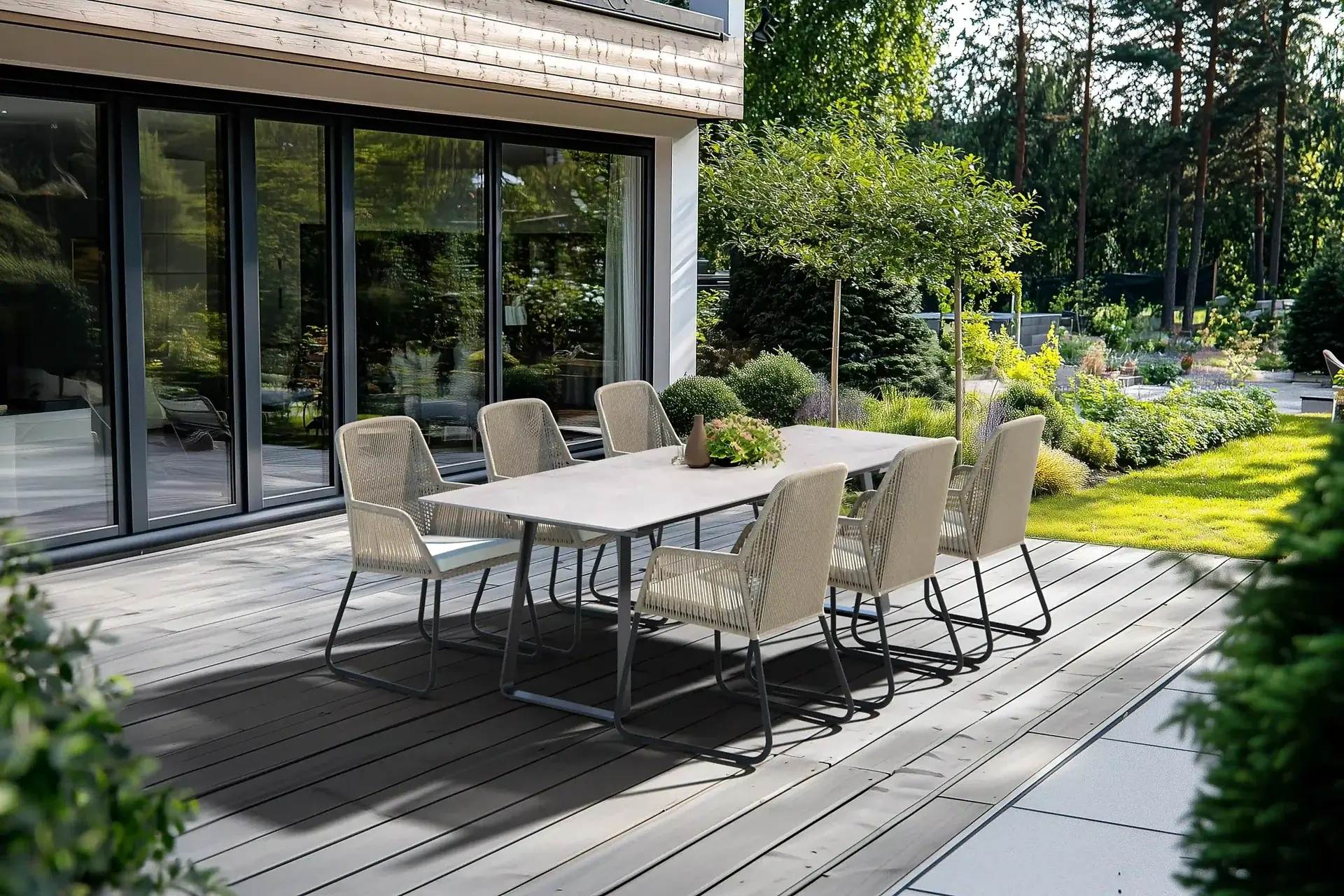 Esstisch mit Stühlen auf einer Terrasse vor einem Garten.
