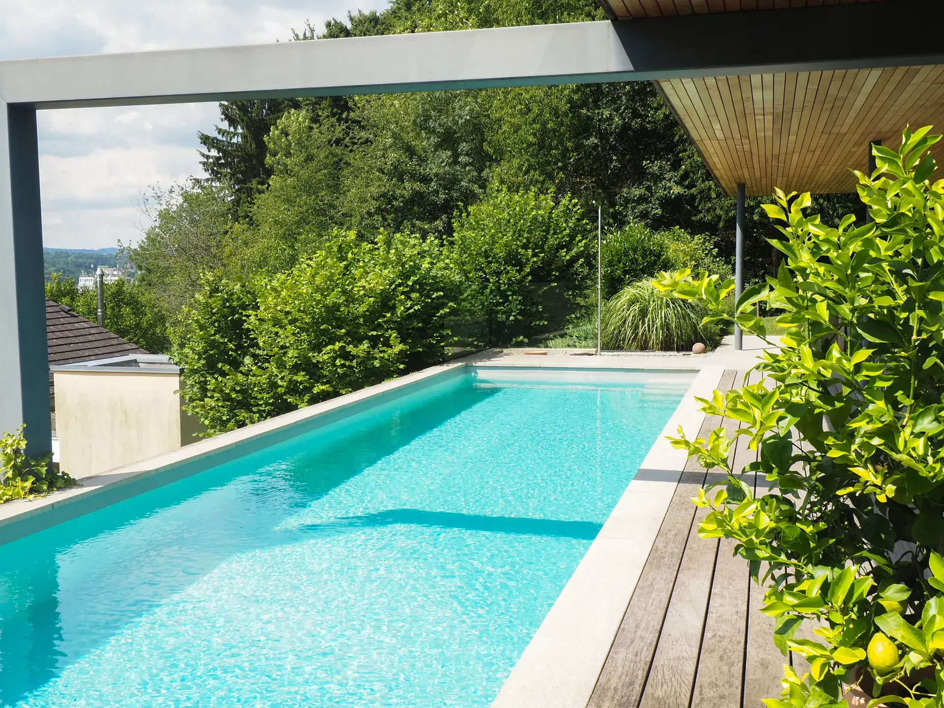 Pool mit Holzdeck und Blick in einen grünen Garten.